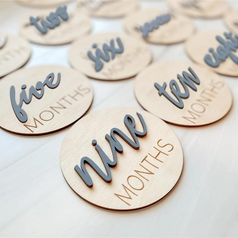 eoscasely Baby Monthly Milestone Markers Disc, Wooden 3D Milestone Cards for Photos, Baby Announcement Sign,Slate Blue, 1-12 Months, 4 Inches in Size. - Image 1